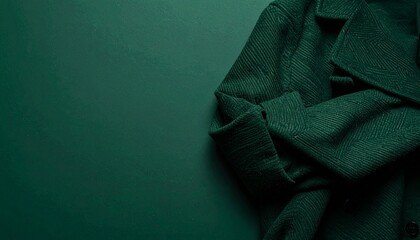 ダークグリーンのマット背景にウールコートの袖が見える洗練構図