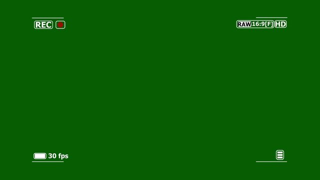 Digital camera screen recoding frame animation on green screen. Camcorder interface for video cameras. Camera recording screen overlay with alpha channel.