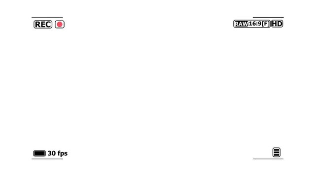 Digital camera screen recoding frame animation on white background. Camcorder interface for video cameras. Camera recording screen overlay with alpha channel.