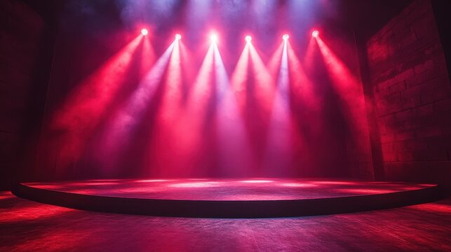 Atmospheric stage lighting setup in empty theater with dramatic spotlights and beams creating moody dance performance environment perfect for jazz contemporary shows and productions