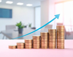 Growth in financial investment shown through stacked coins with a rising graph in a modern office setting