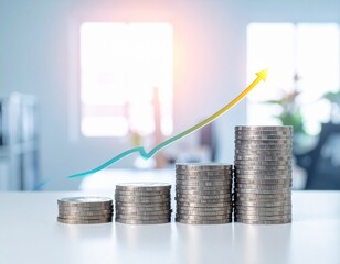 Growth in financial investment shown through stacked coins with a rising graph in a modern office setting