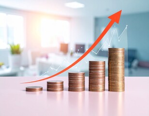 Growth in financial investment shown through stacked coins with a rising graph in a modern office setting