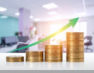 Growth in financial investment shown through stacked coins with a rising graph in a modern office setting
