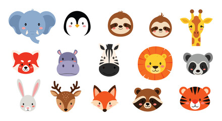 Collection of diverse cartoon animal faces, including elephants, penguins, sloths, giraffes, pandas, hippos, zebras, lions, raccoons, rabbits, deer, foxes, and tigers.