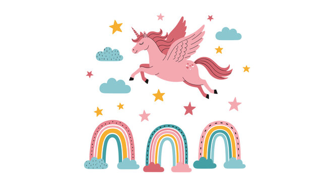 Cute pink unicorn flying with wings among clouds and stars with rainbows below.