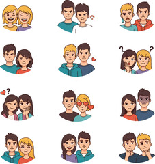 Create a kinds of deferent Young couple facial expression icon illustration set material vector art with white background..