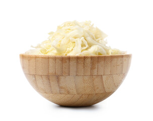 Wooden bowl with tasty sauerkraut on white background