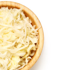 Wooden bowl with tasty sauerkraut on white background
