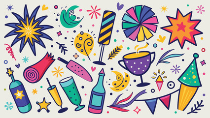 colorful clipart set of various fireworks in different shapes and sizes, ideal for festive designs and celebrations..eps