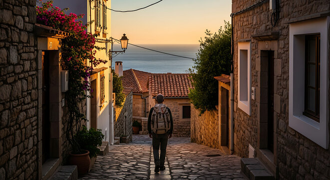Traveler Walking Down Sunlit Cobblestone Street Toward the Sea in a Historic Coastal Village