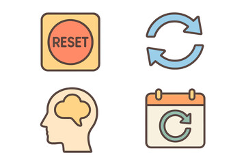 outline colorful icon 4 isolated on transparent background flat vector illustration style mental reset theme including reset button refresh arrows clear mind symbol and daily restart icon