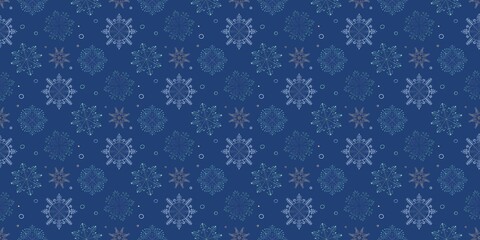 Seamless winter pattern with delicate snowflakes in blue and pastel tones on a white background. Elegant seasonal design perfect for Christmas wrapping paper, fabric, greeting cards, and decor.