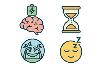 outline colorful icon 4 isolated on transparent background flat vector illustration style mental recharge theme including charging brain icon slow time hourglass weekend rest badge and