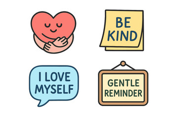 outline colorful icon 4 isolated on transparent background flat vector illustration style self compassion theme including heart hug icon be kind note positive self talk bubble and gentle