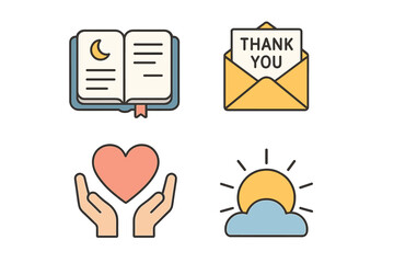 outline colorful icon 4 isolated on transparent background flat vector illustration style gratitude ritual theme including evening journal thank you letter appreciation heart and gratitude