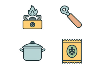 outline colorful icon 4 isolated on transparent background flat vector illustration style emergency cooking theme including portable gas stove canned food opener cooking pot and ration pack