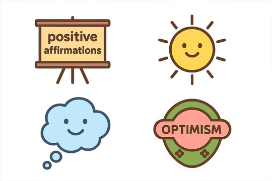 outline colorful icon 4 isolated on transparent background flat vector illustration style positive thinking theme including positive affirmations board happy sun smiling thought bubble and
