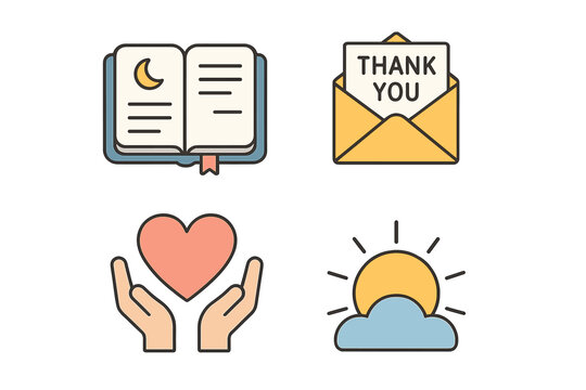 outline colorful icon 4 isolated on transparent background flat vector illustration style gratitude ritual theme including evening journal thank you letter appreciation heart and gratitude
