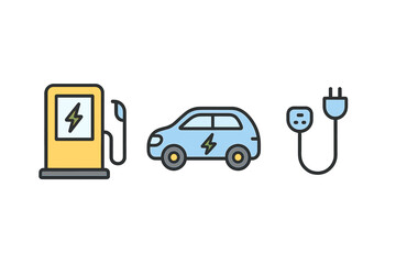 outline colorful icon isolated on transparent background flat vector illustration style electric vehicle theme including EV charger electric and charging cable