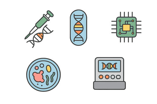 outline colorful icon 5 isolated on transparent background flat vector illustration style biotech theme including gene editing tool CRISPR model biochip petri dish and DNA sequencing device