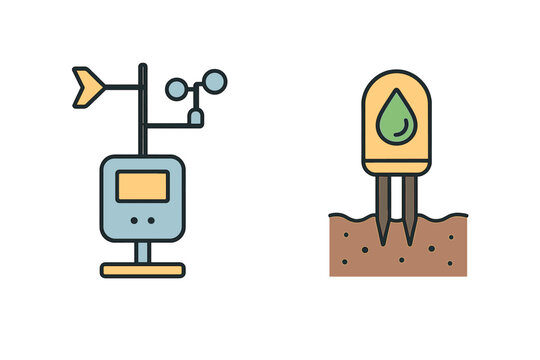 outline colorful icon 2 isolated on transparent background flat vector illustration style smart agriculture theme including weather station and soil sensor