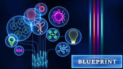Digital Blueprint Concept with Glowing Icons and Futuristic Lines Keywords: blueprint, digital, concept, technology, innovation, idea, growth, network, connection, people, teamwork, location