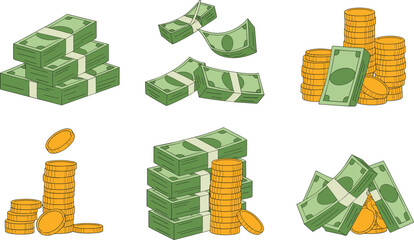 Dollar Bills and Gold Coins Flat Design. Financial Wealth, Savings and Investment Money Illustration.