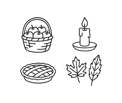 Outline harvest season icon 4 isolated on white background basket of apples candle pie and leaves clean black and white line art with slightly hand drawn strokes rustic autumn comfort style