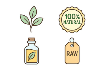 outline colorful icon 4 isolated on transparent background flat vector illustration style natural origin theme including botanical icon 100 percent natural badge herb extract bottle and raw