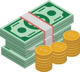 Investment Profit and Economic Wealth, Dollar and Coin Stack. Business Finance and Income Growth, Money Pile Vector Illustration.