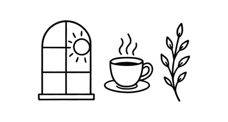 Outline spring sunlight icon isolated on white background window cup and branch clean black and white line art with slightly hand drawn strokes airy peaceful start style