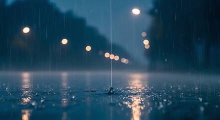 Rain falling on wet pavement at night