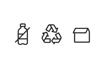 monochrome minimal icon isolated on transparent background clean outline vector style plastic free theme including bottle crossed icon recycling mark and clean packaging outline