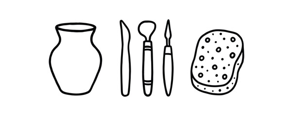 Outline pottery studio icon isolated on white background clay pot tools and sponge clean black and white line art with slightly hand drawn strokes relaxed creative work style