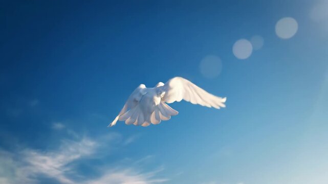White Dove Flying in Blue Sky - A white dove soars through the clear blue sky, its wings outstretched. This beautiful bird is a symbol of peace and freedom.