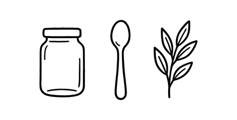 Outline kitchen craft icon isolated on white background glass jar spoon and herbs clean black and white line art with slightly hand drawn strokes handmade food style