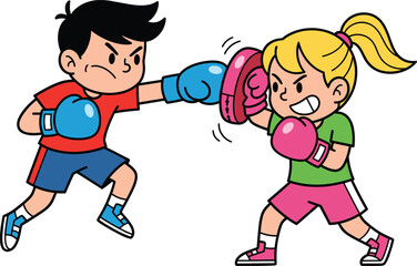 Boxing training, cartoon kids, punch action, focus mitts, teamwork, physical activity, vector illustration, sportswear, determined pose, colorful design, exercise