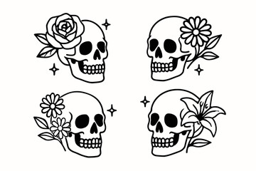 4 outline skulls with flowers and starburst accents flat vector illustration style isolated on white background