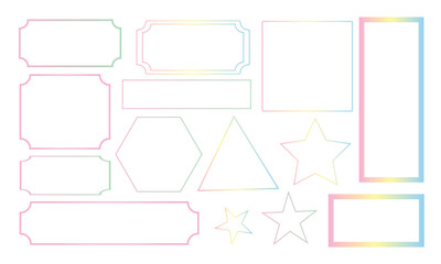 Pastel gradient geometric frames and shapes collection  stars, triangles, rectangles, and labels in soft rainbow tones for modern vector design templates.