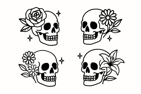 4 outline skulls with flowers and starburst accents flat vector illustration style isolated on white background