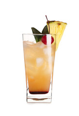 Glass of tasty Mai Tai cocktail garnished with cherry and pineapple on white background
