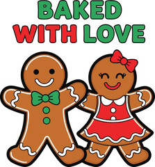 Fototapeta premium Two cartoon gingerbread people, a boy and a girl, holding hands with text Baked With Love christmas cookies