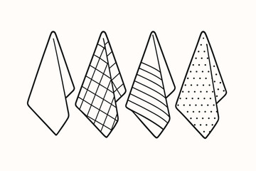 4 outline kitchen towels folded and hanging flat vector illustration style isolated on white background