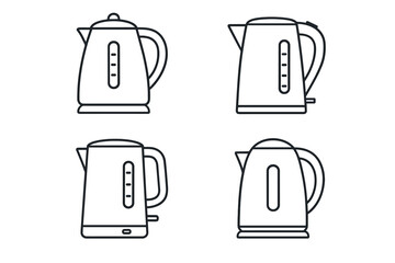 4 outline electric kettles with minimal details flat vector illustration style isolated on white background
