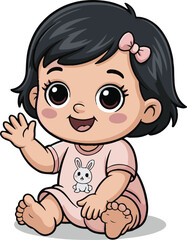 Obraz premium Cartoon baby girl with black hair and pink bow waving hello illustration