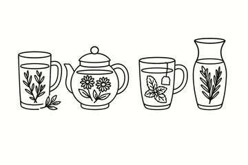 4 outline herbal infusions glass containers flat vector illustration style isolated on white background