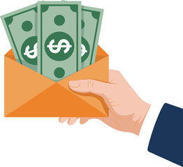 Hand holding envelope filled with dollar cash. Money envelope payment or salary cash payout.