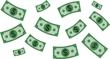 Green Dollar Bills Falling Rain of Money Clipart. Vector Illustration of Cash Flow and Wealth Concept.