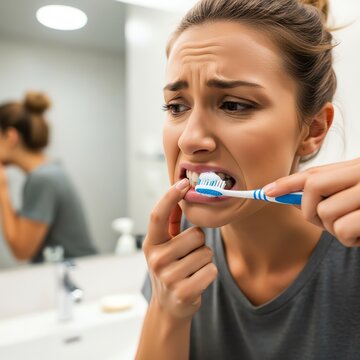 Woman grimacing while brushing teeth in bathroom